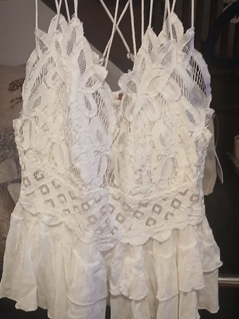 Lace Overlay White Ruffled Tank Top
